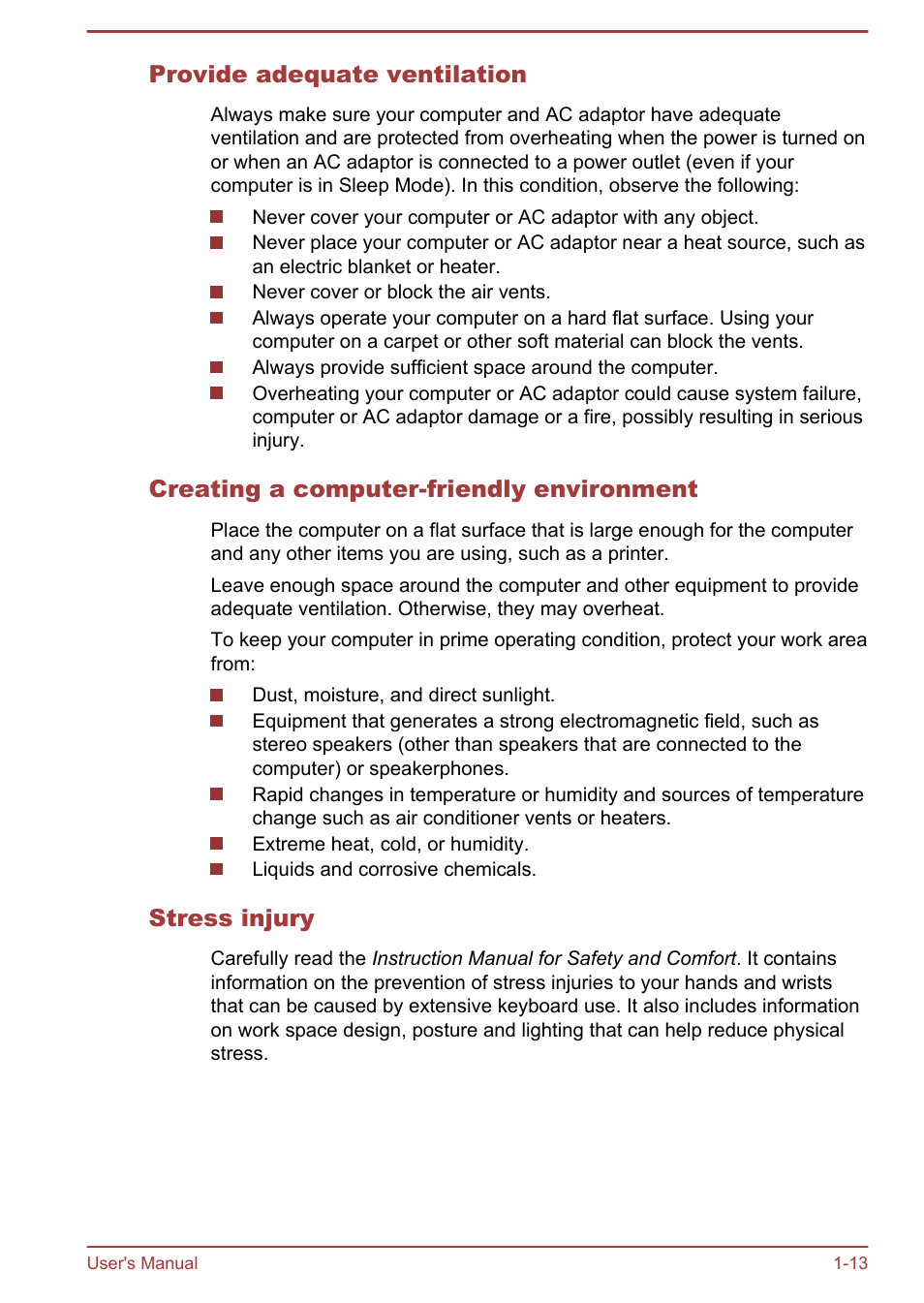 Provide adequate ventilation, Creating a computer-friendly environment, Stress injury | Toshiba LX830-C User Manual | Page 17 / 138