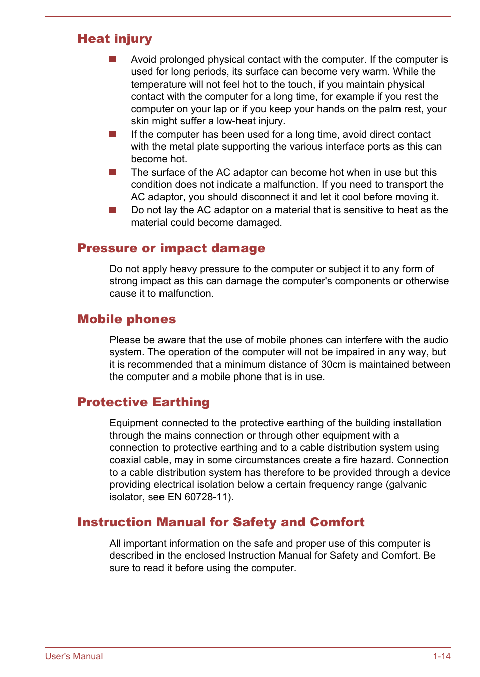 Heat injury, Pressure or impact damage, Mobile phones | Protective earthing, Instruction manual for safety and comfort | Toshiba LX830-C User Manual | Page 18 / 138