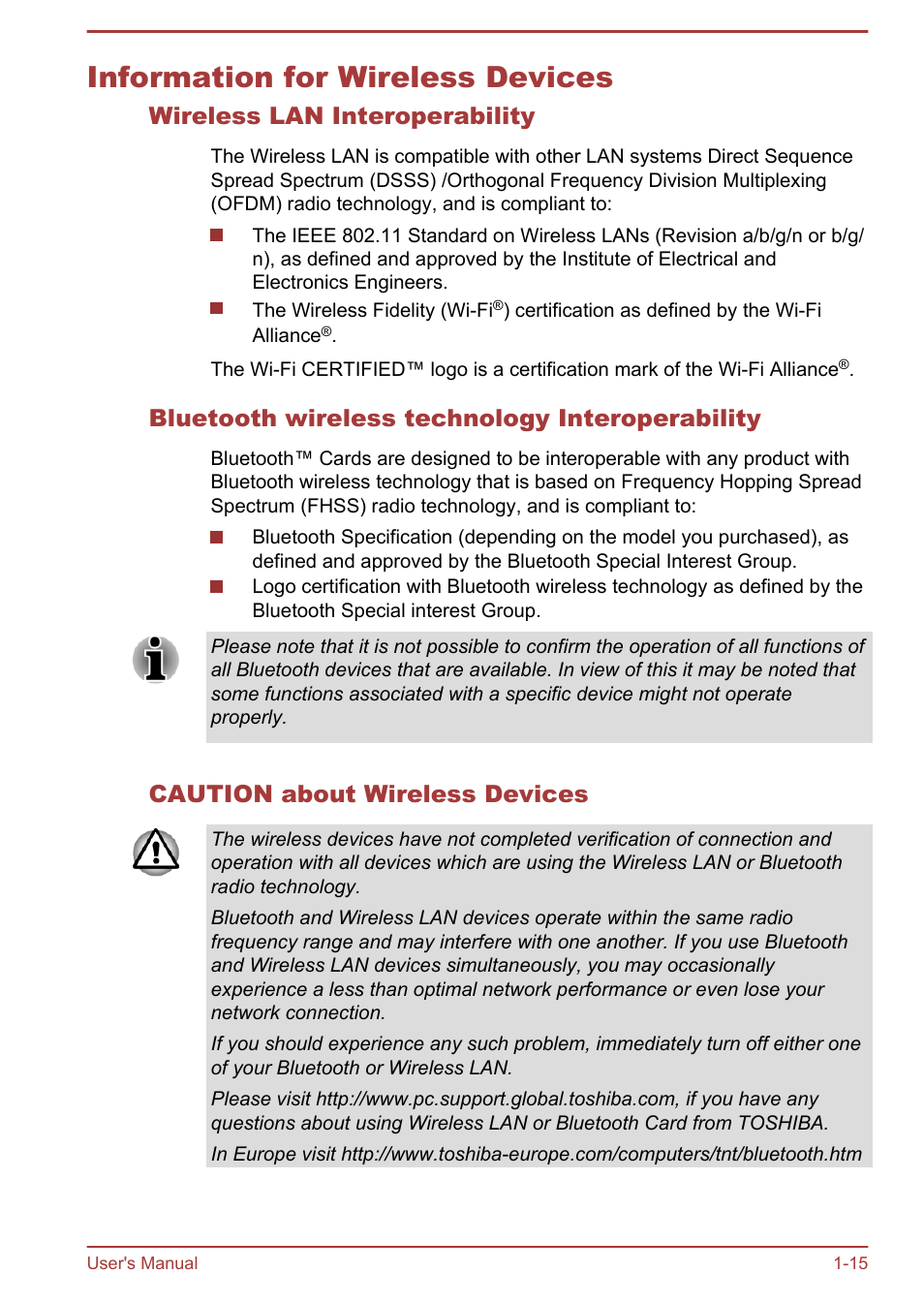 Information for wireless devices, Wireless lan interoperability, Bluetooth wireless technology interoperability | Caution about wireless devices, Information for wireless devices -15 | Toshiba LX830-C User Manual | Page 19 / 138