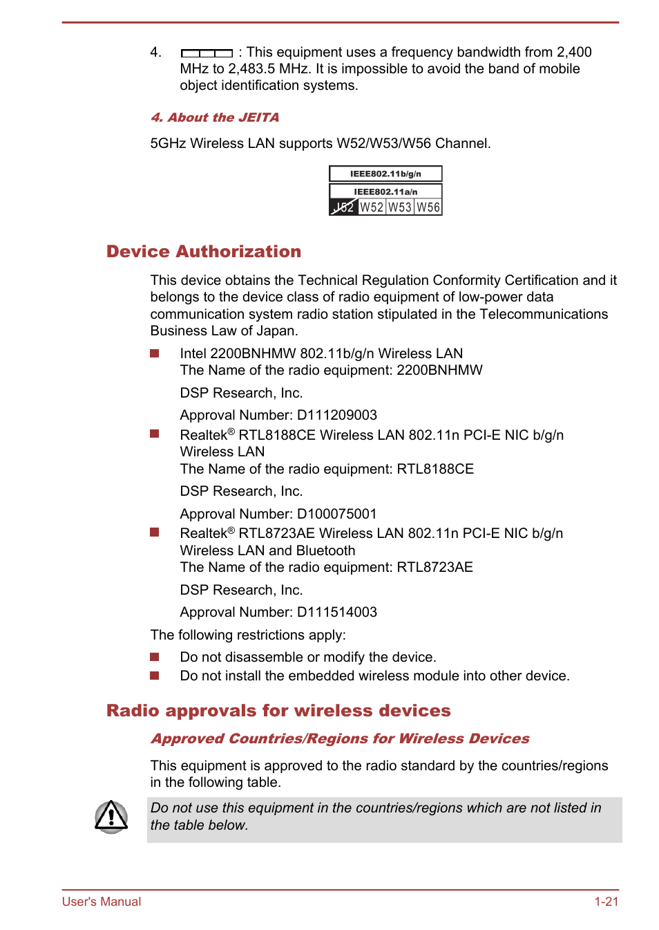 Device authorization, Radio approvals for wireless devices | Toshiba LX830-C User Manual | Page 25 / 138