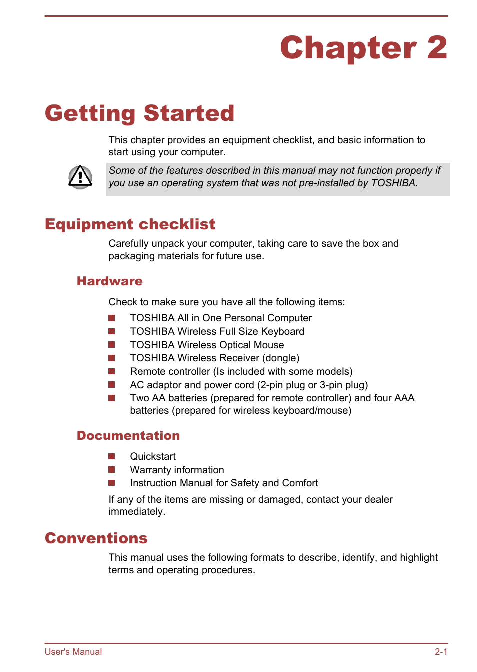 Chapter 2 getting started, Equipment checklist, Hardware | Documentation, Conventions, Chapter 2, Getting started, Equipment checklist -1 conventions -1 | Toshiba LX830-C User Manual | Page 30 / 138