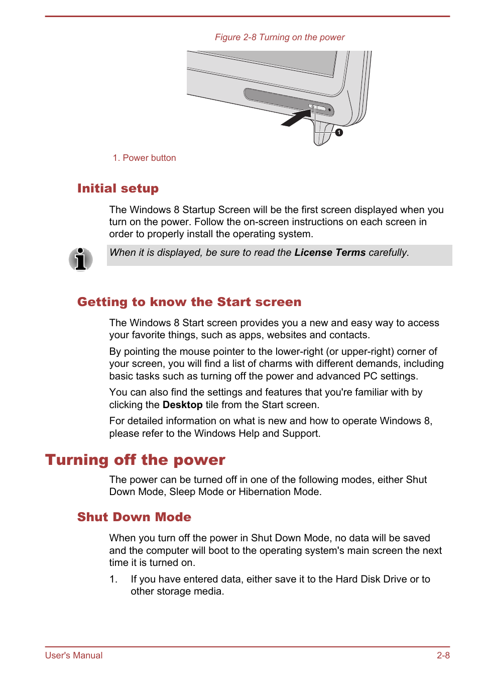 Initial setup, Getting to know the start screen, Turning off the power | Shut down mode, Turning off the power -8 | Toshiba LX830-C User Manual | Page 37 / 138