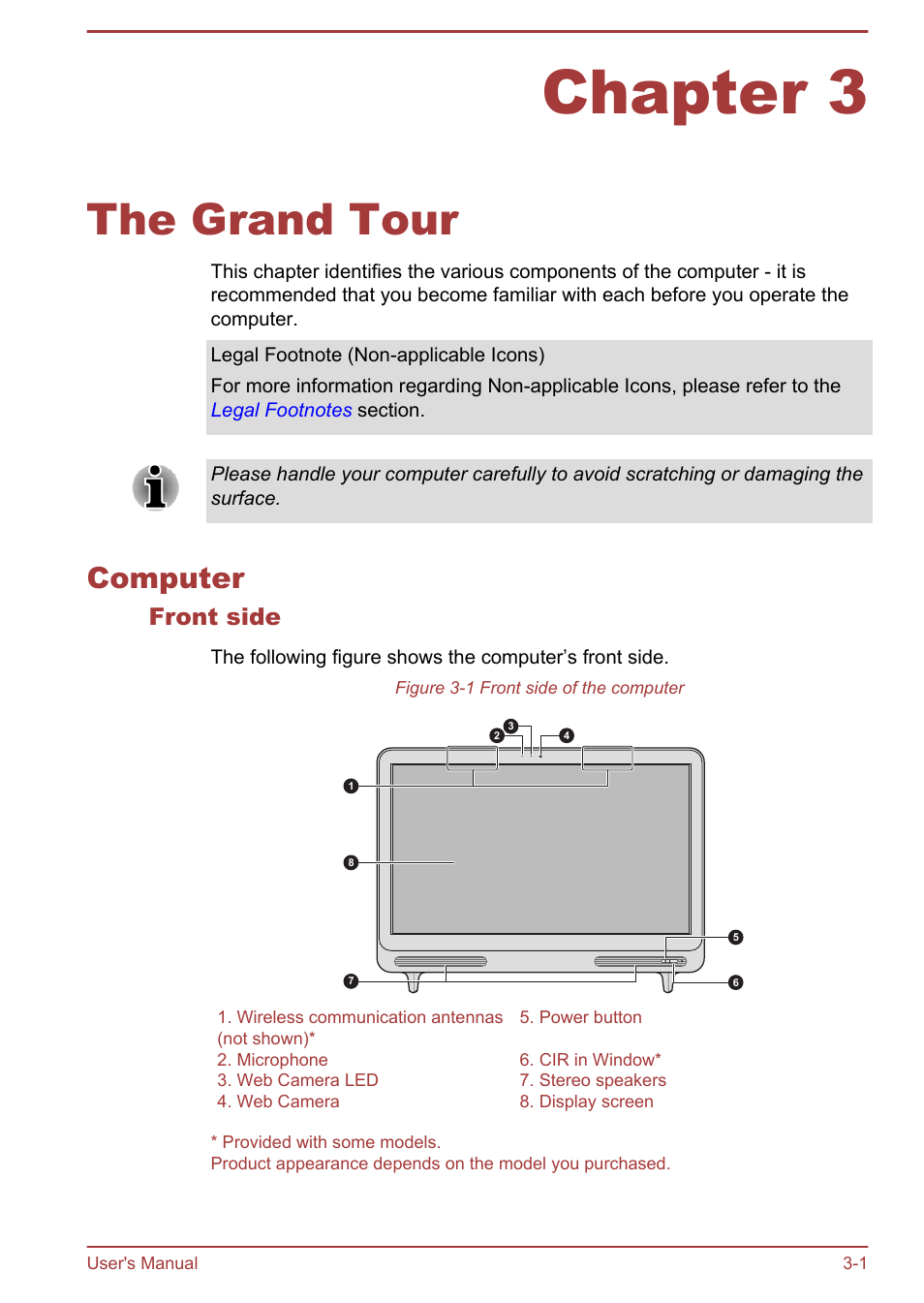 Chapter 3 the grand tour, Computer, Front side | Chapter 3, The grand tour, Computer -1 | Toshiba LX830-C User Manual | Page 42 / 138