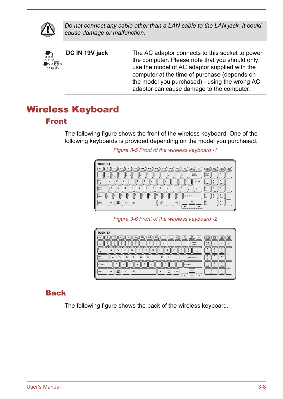 Wireless keyboard, Front, Back | Wireless keyboard -8 | Toshiba LX830-C User Manual | Page 49 / 138