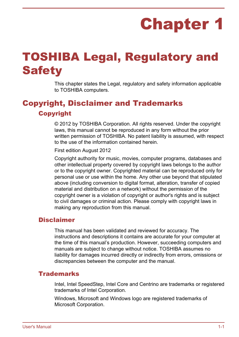 Chapter 1 toshiba legal, regulatory and safety, Copyright, disclaimer and trademarks, Copyright | Disclaimer, Trademarks, Chapter 1, Toshiba legal, regulatory and safety, Copyright, disclaimer and trademarks -1 | Toshiba LX830-C User Manual | Page 5 / 138