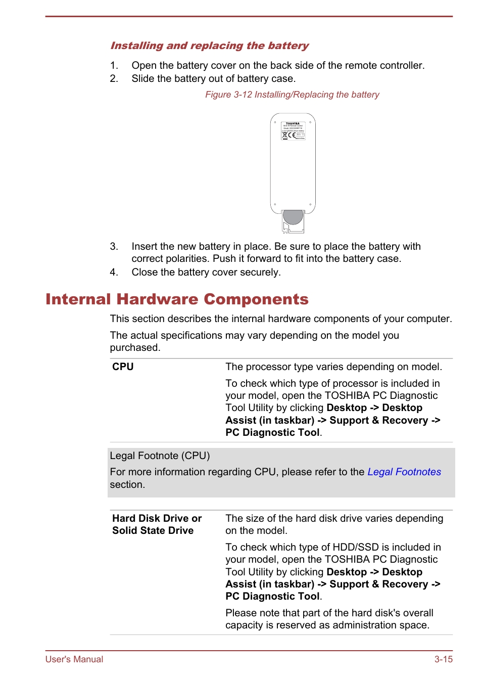 Internal hardware components, Internal hardware components -15, Installing and replacing the battery | Toshiba LX830-C User Manual | Page 56 / 138