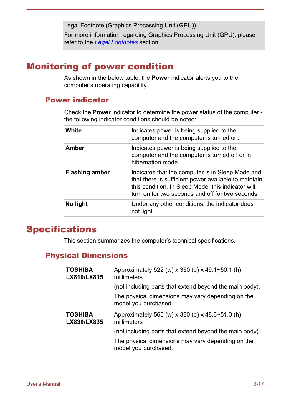 Monitoring of power condition, Power indicator, Specifications | Physical dimensions | Toshiba LX830-C User Manual | Page 58 / 138