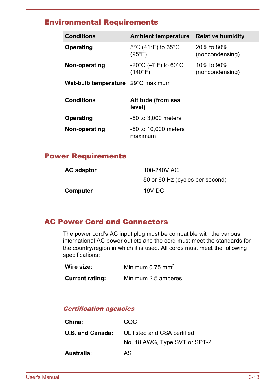 Environmental requirements, Power requirements, Ac power cord and connectors | Toshiba LX830-C User Manual | Page 59 / 138