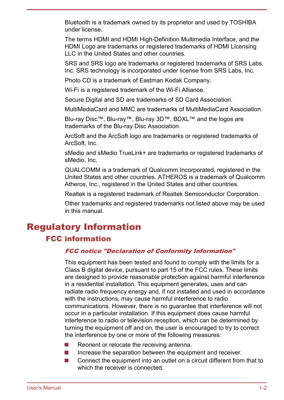 Regulatory information, Fcc information, Regulatory information -2 | Toshiba LX830-C User Manual | Page 6 / 138