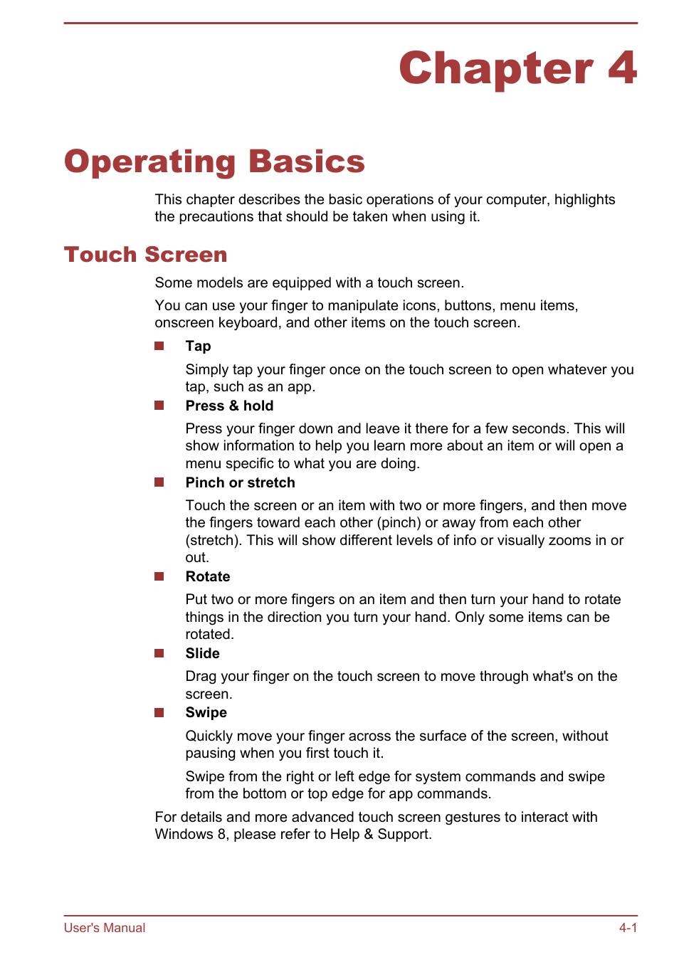 Chapter 4 operating basics, Touch screen, Chapter 4 | Operating basics, Touch screen -1 | Toshiba LX830-C User Manual | Page 61 / 138