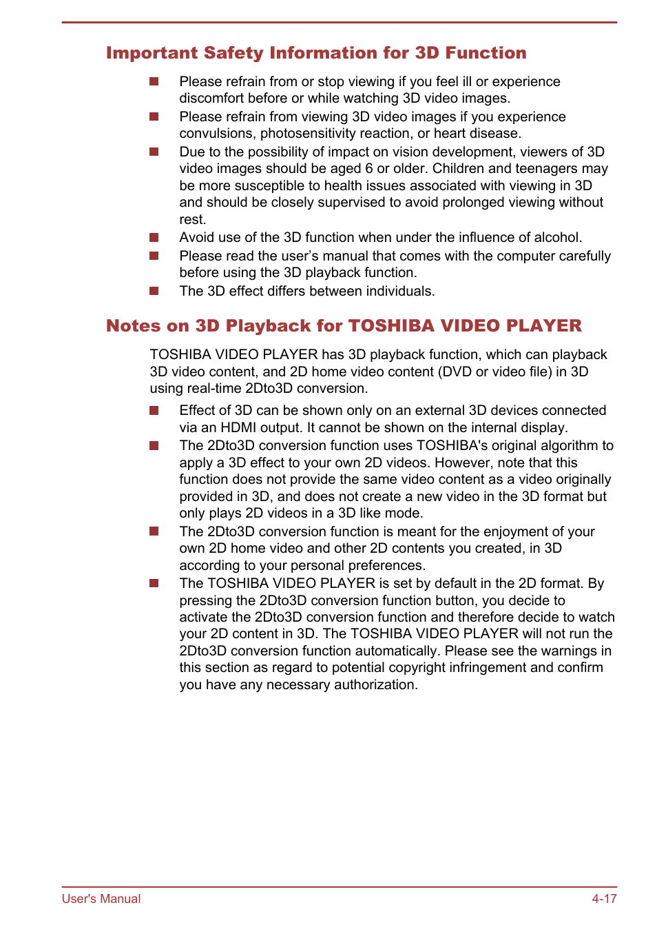 Important safety information for 3d function, Notes on 3d playback for toshiba video player | Toshiba LX830-C User Manual | Page 77 / 138