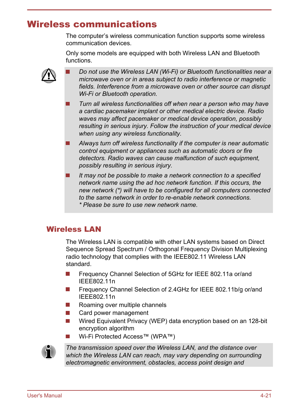 Wireless communications, Wireless lan, Wireless communications -21 | Toshiba LX830-C User Manual | Page 81 / 138