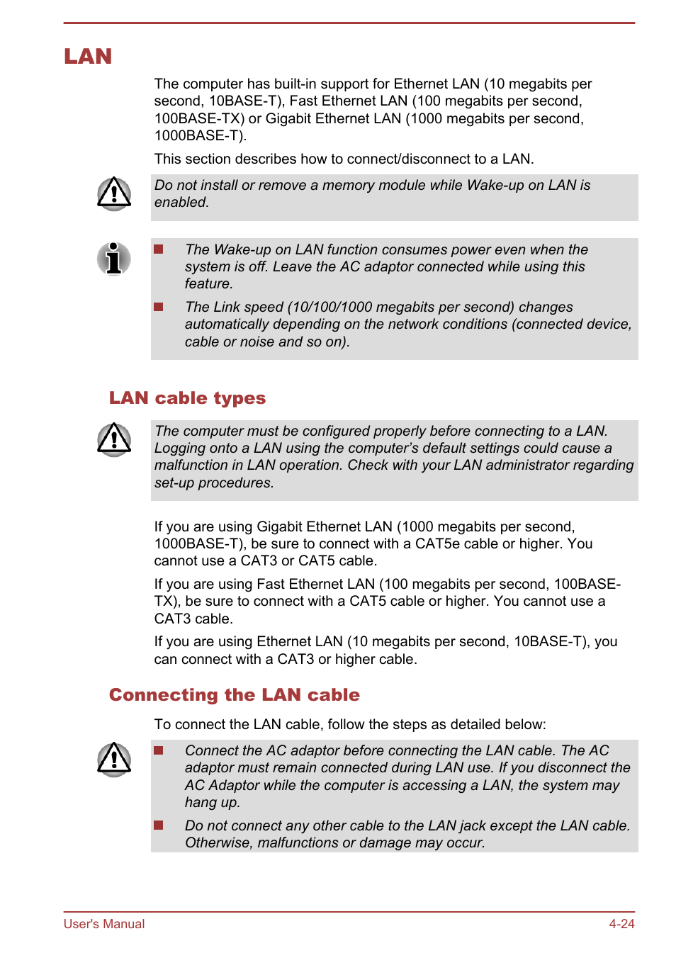 Lan cable types, Connecting the lan cable, Lan -24 | Toshiba LX830-C User Manual | Page 84 / 138