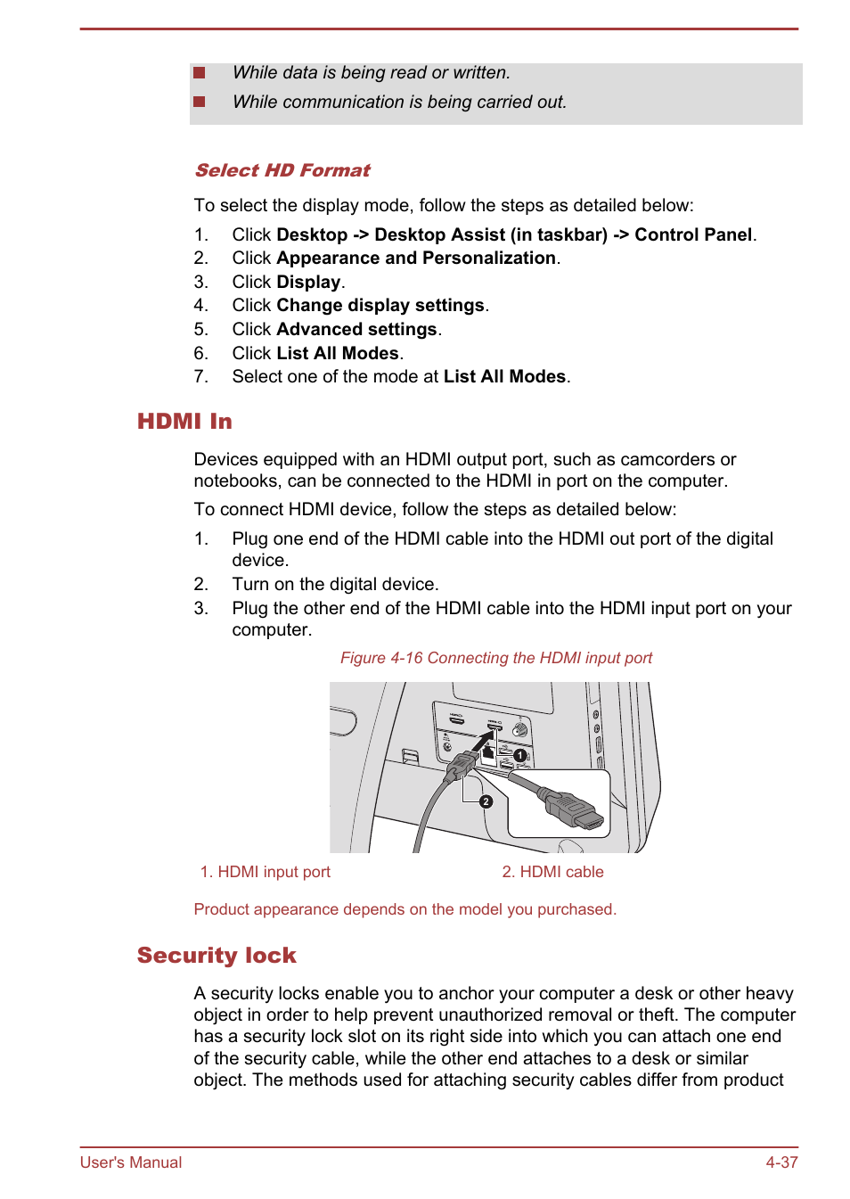 Hdmi in, Security lock | Toshiba LX830-C User Manual | Page 97 / 138