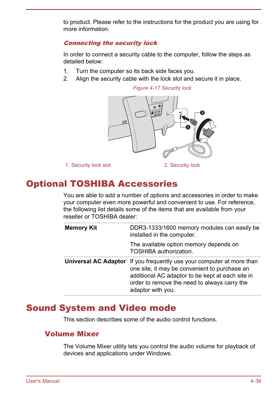 Optional toshiba accessories, Sound system and video mode, Volume mixer | To the | Toshiba LX830-C User Manual | Page 98 / 138