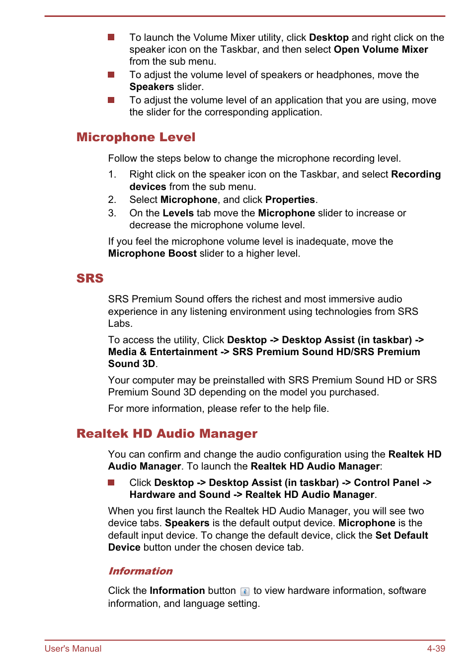 Microphone level, Realtek hd audio manager | Toshiba LX830-C User Manual | Page 99 / 138