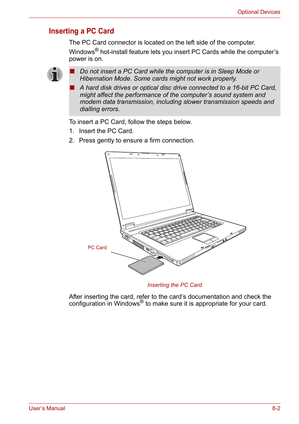 Inserting a pc card | Toshiba Satellite L30 (PSL33) User Manual | Page 103 / 162