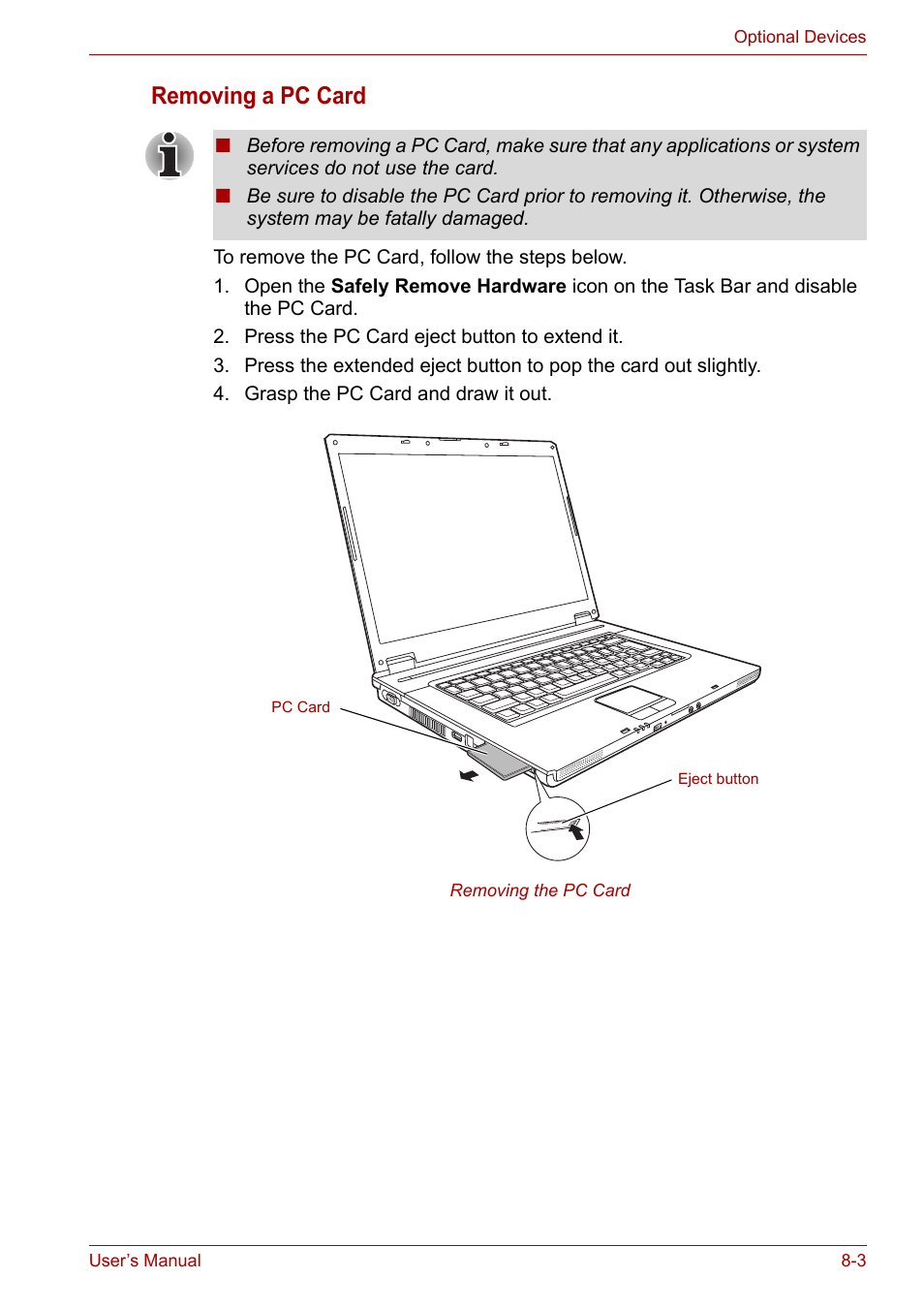 Removing a pc card | Toshiba Satellite L30 (PSL33) User Manual | Page 104 / 162