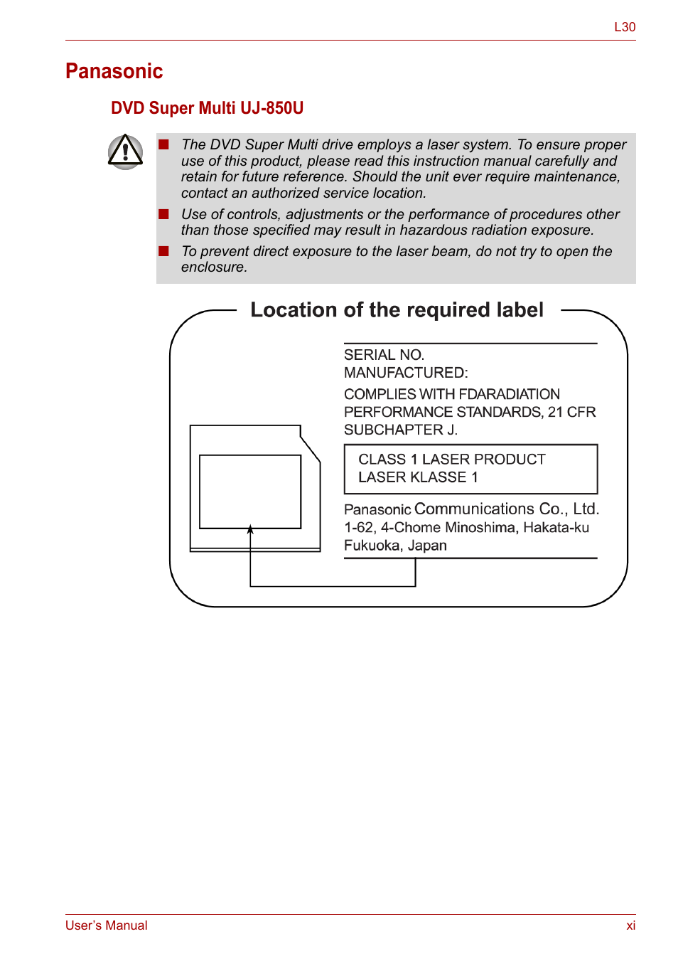 Panasonic, Dvd super multi uj-850u | Toshiba Satellite L30 (PSL33) User Manual | Page 11 / 162
