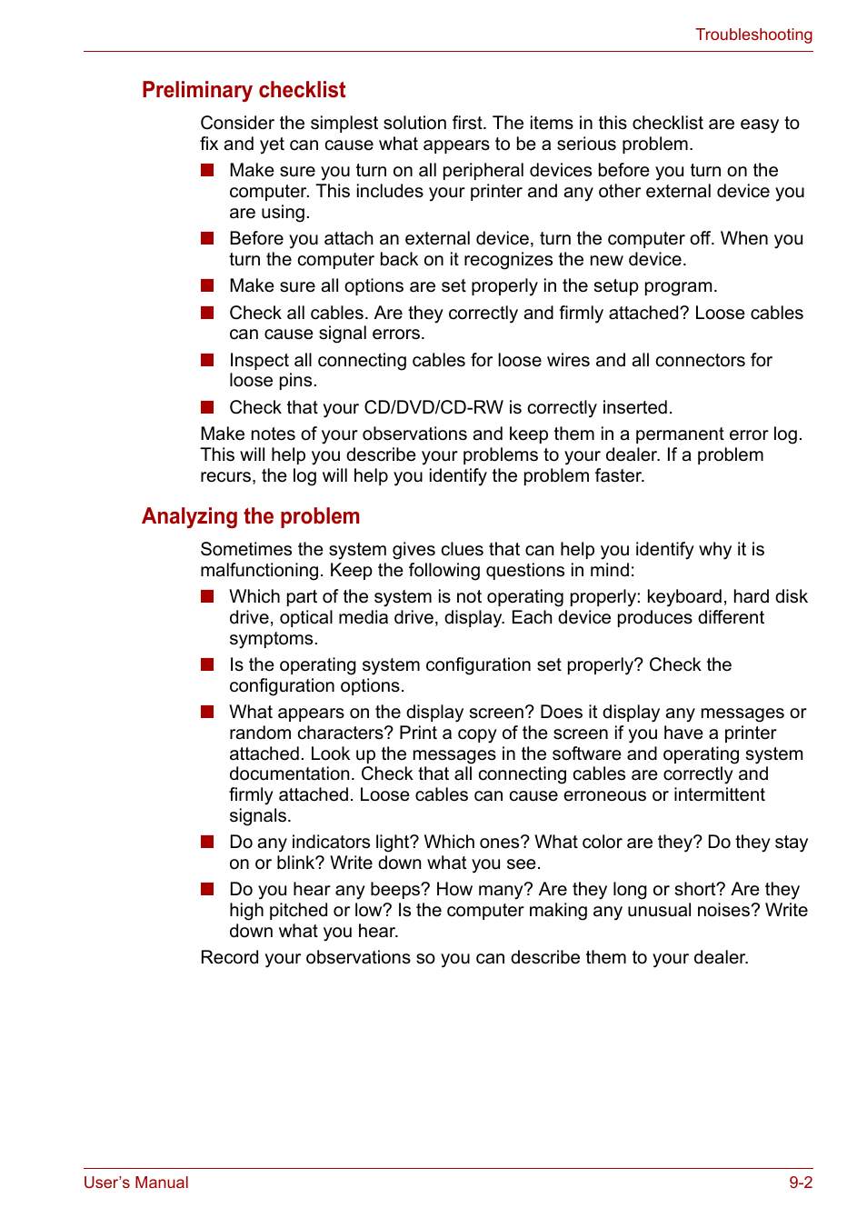 Preliminary checklist, Analyzing the problem | Toshiba Satellite L30 (PSL33) User Manual | Page 111 / 162