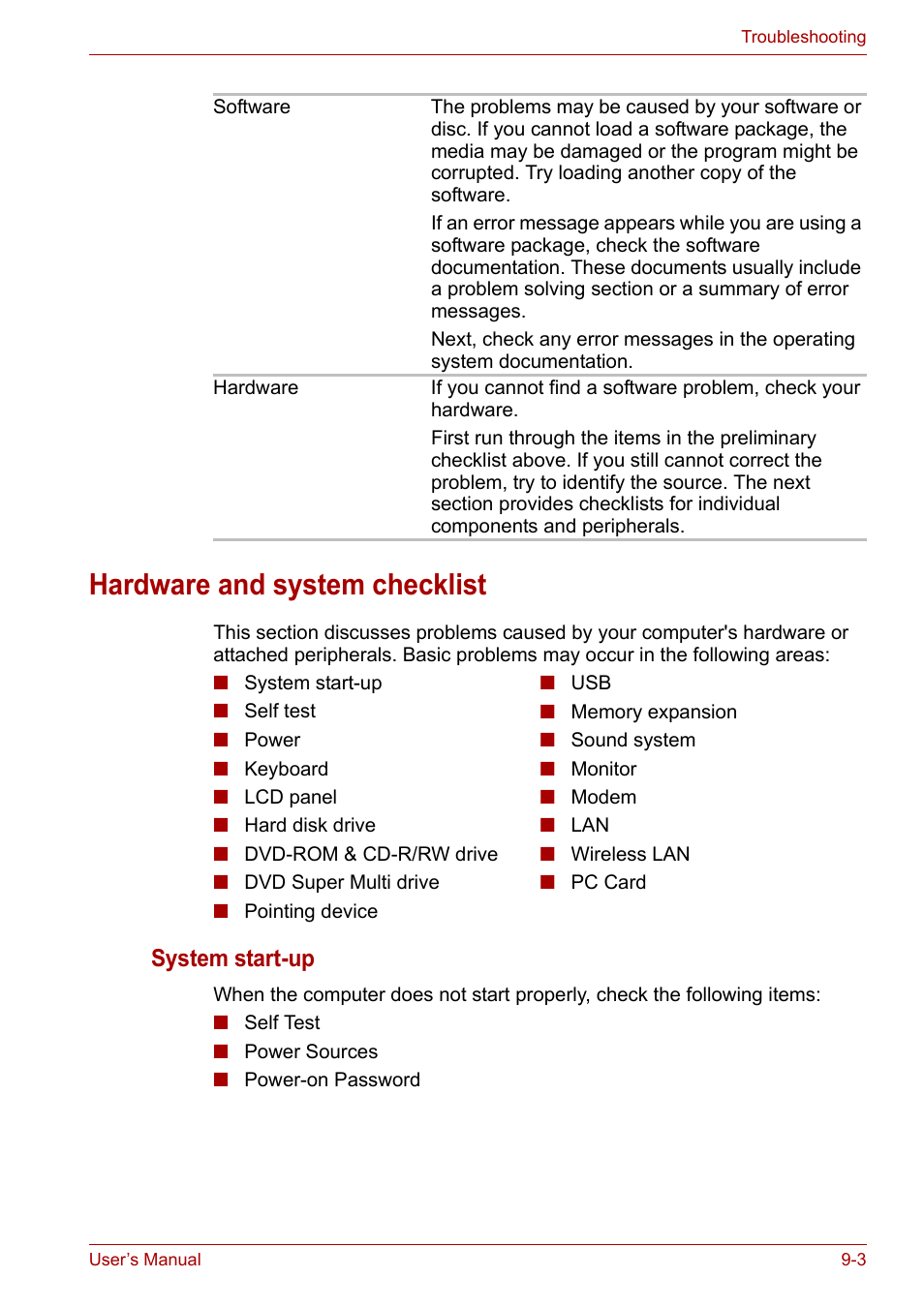 Hardware and system checklist, Hardware and system checklist -3, System start-up | Toshiba Satellite L30 (PSL33) User Manual | Page 112 / 162