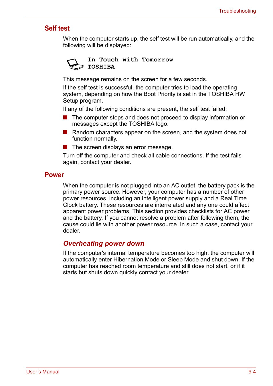 Self test, Power | Toshiba Satellite L30 (PSL33) User Manual | Page 113 / 162