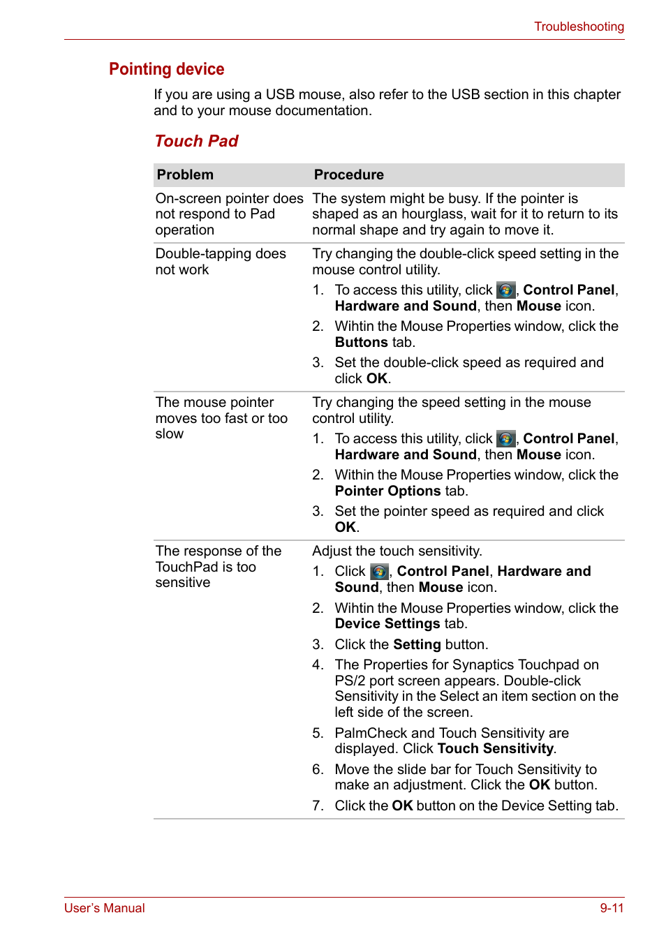 Pointing device | Toshiba Satellite L30 (PSL33) User Manual | Page 120 / 162