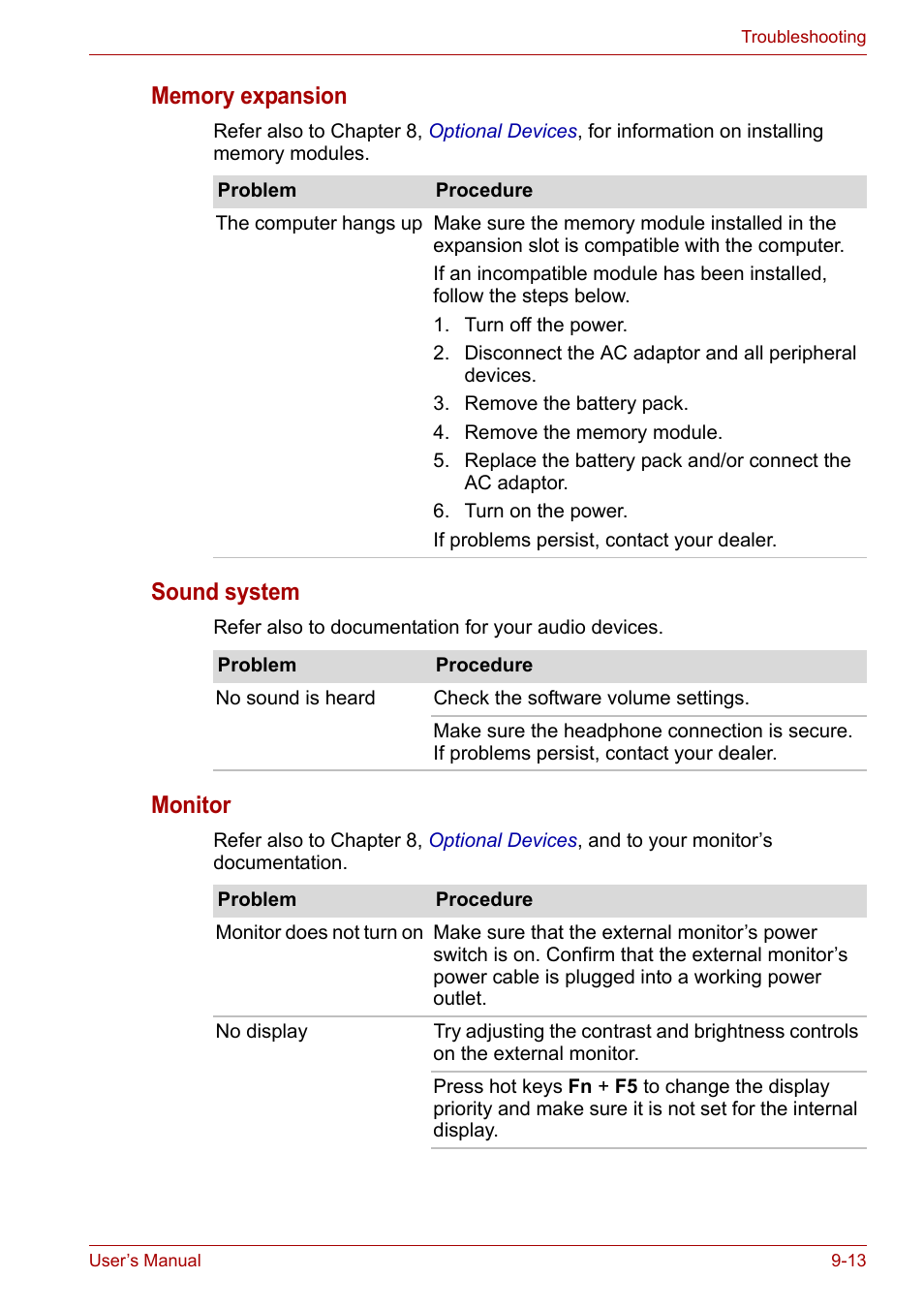 Memory expansion, Sound system, Monitor | Toshiba Satellite L30 (PSL33) User Manual | Page 122 / 162