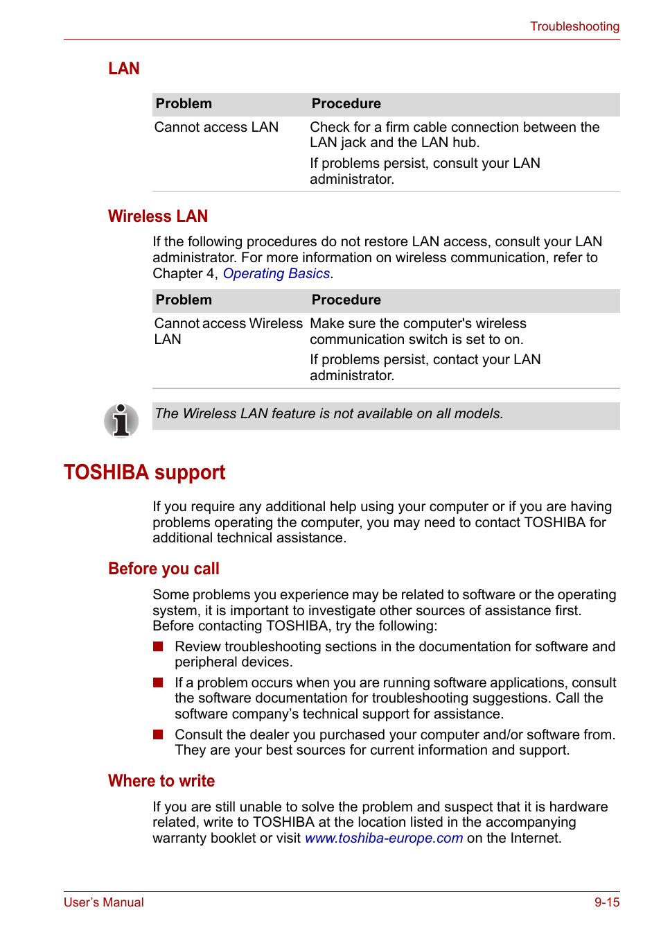 Toshiba support, Toshiba support -15, Lan wireless lan | Before you call, Where to write | Toshiba Satellite L30 (PSL33) User Manual | Page 124 / 162