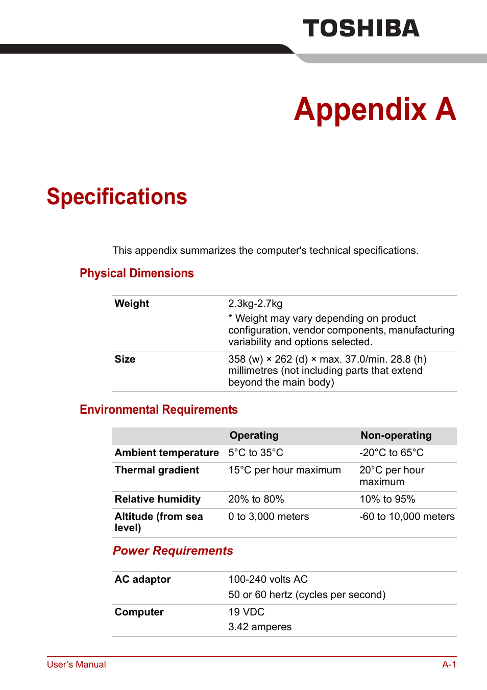 Appendix a: specifications, Appendix a, Specifications | Appendices | Toshiba Satellite L30 (PSL33) User Manual | Page 125 / 162