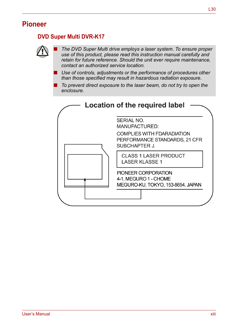 Pioneer, Dvd super multi dvr-k17 | Toshiba Satellite L30 (PSL33) User Manual | Page 13 / 162