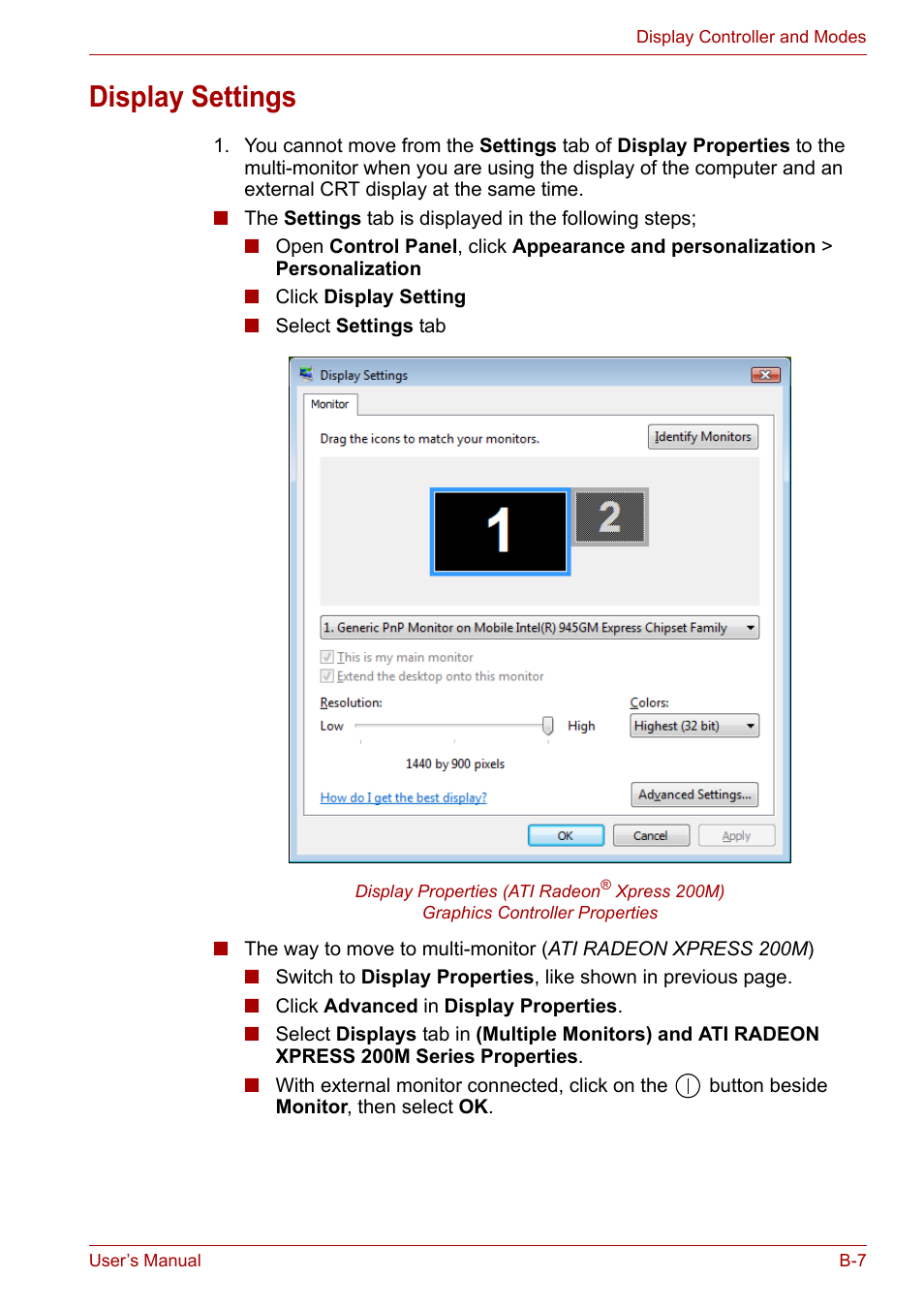 Display settings | Toshiba Satellite L30 (PSL33) User Manual | Page 134 / 162