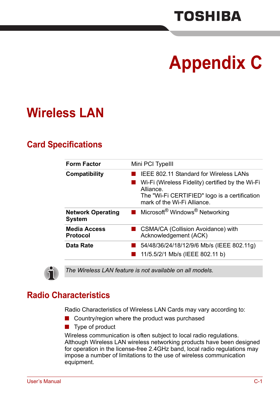 Appendix c: wireless lan, Appendix c, Wireless lan | Card specifications radio characteristics | Toshiba Satellite L30 (PSL33) User Manual | Page 137 / 162