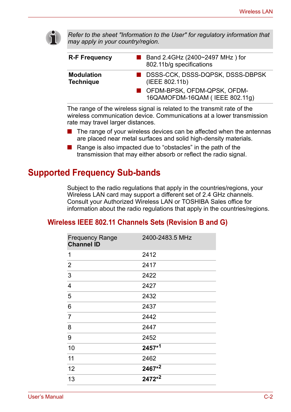 Supported frequency sub-bands | Toshiba Satellite L30 (PSL33) User Manual | Page 138 / 162