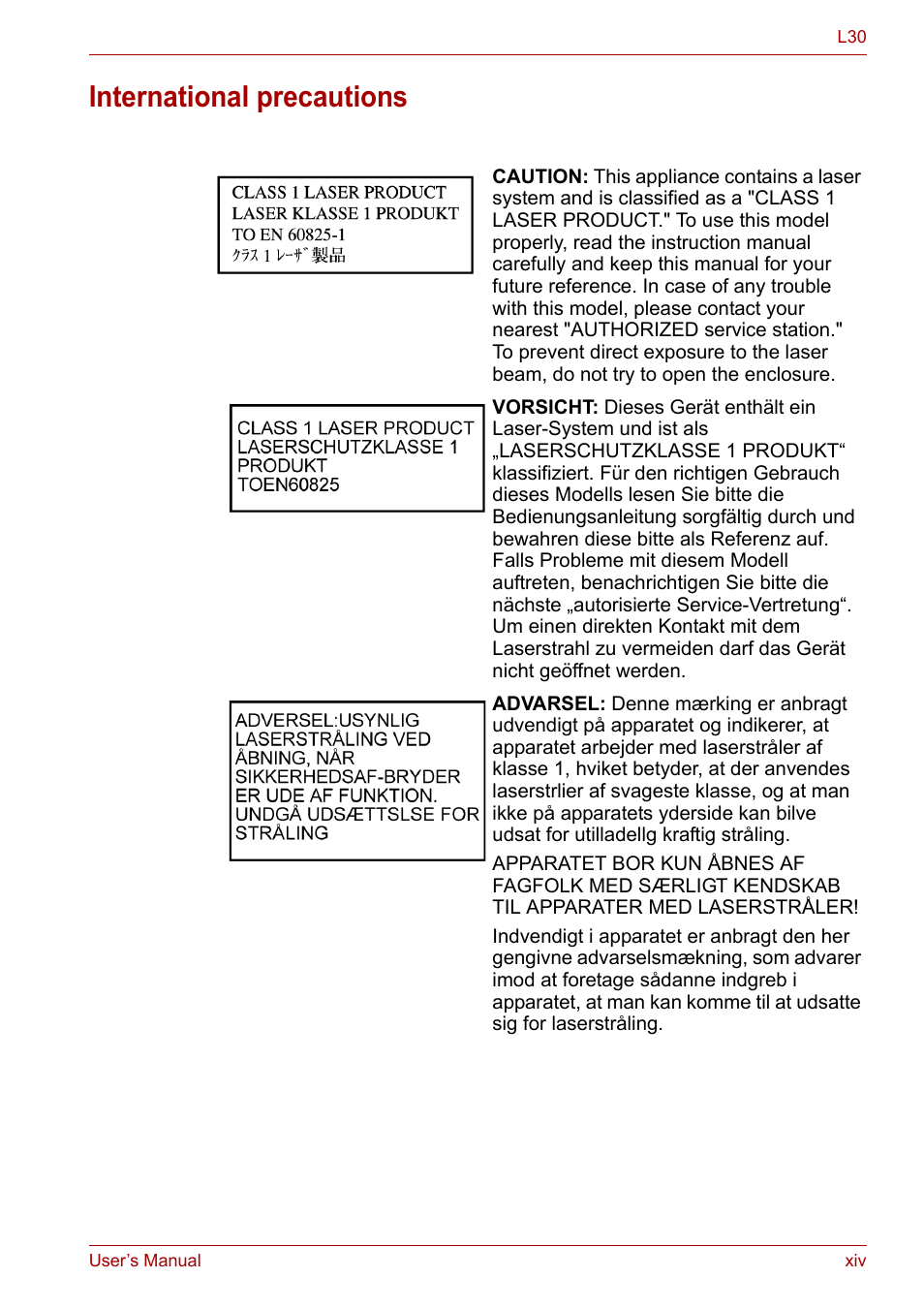 International precautions | Toshiba Satellite L30 (PSL33) User Manual | Page 14 / 162