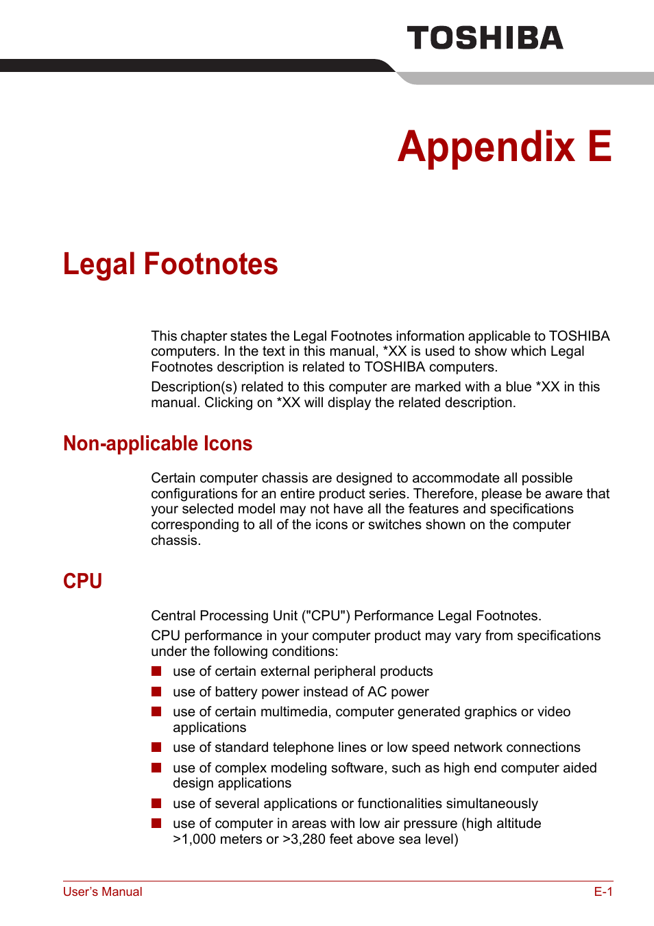 Appendix e: legal footnotes, Appendix e, Legal footnotes | Non-applicable icons | Toshiba Satellite L30 (PSL33) User Manual | Page 142 / 162