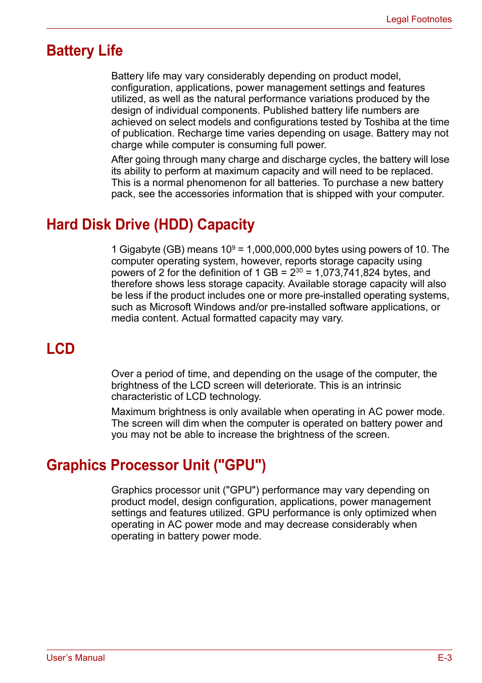 Battery life, Hard disk drive (hdd) capacity, Graphics processor unit ("gpu") | Toshiba Satellite L30 (PSL33) User Manual | Page 144 / 162