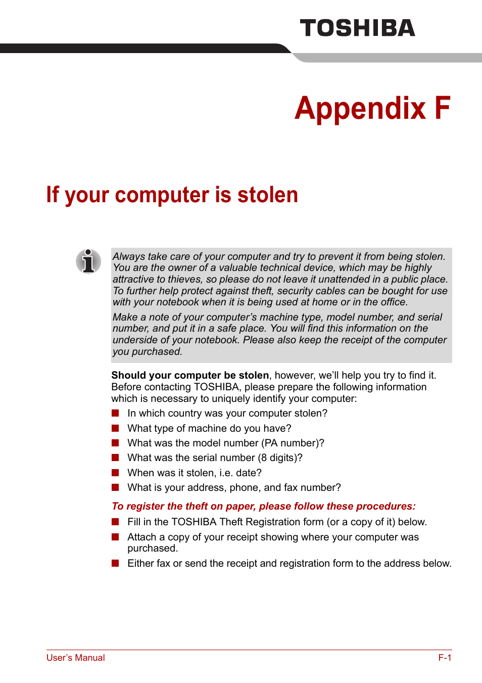 Appendix f: if your computer is stolen, Appendix f, If your computer is stolen | Toshiba Satellite L30 (PSL33) User Manual | Page 146 / 162