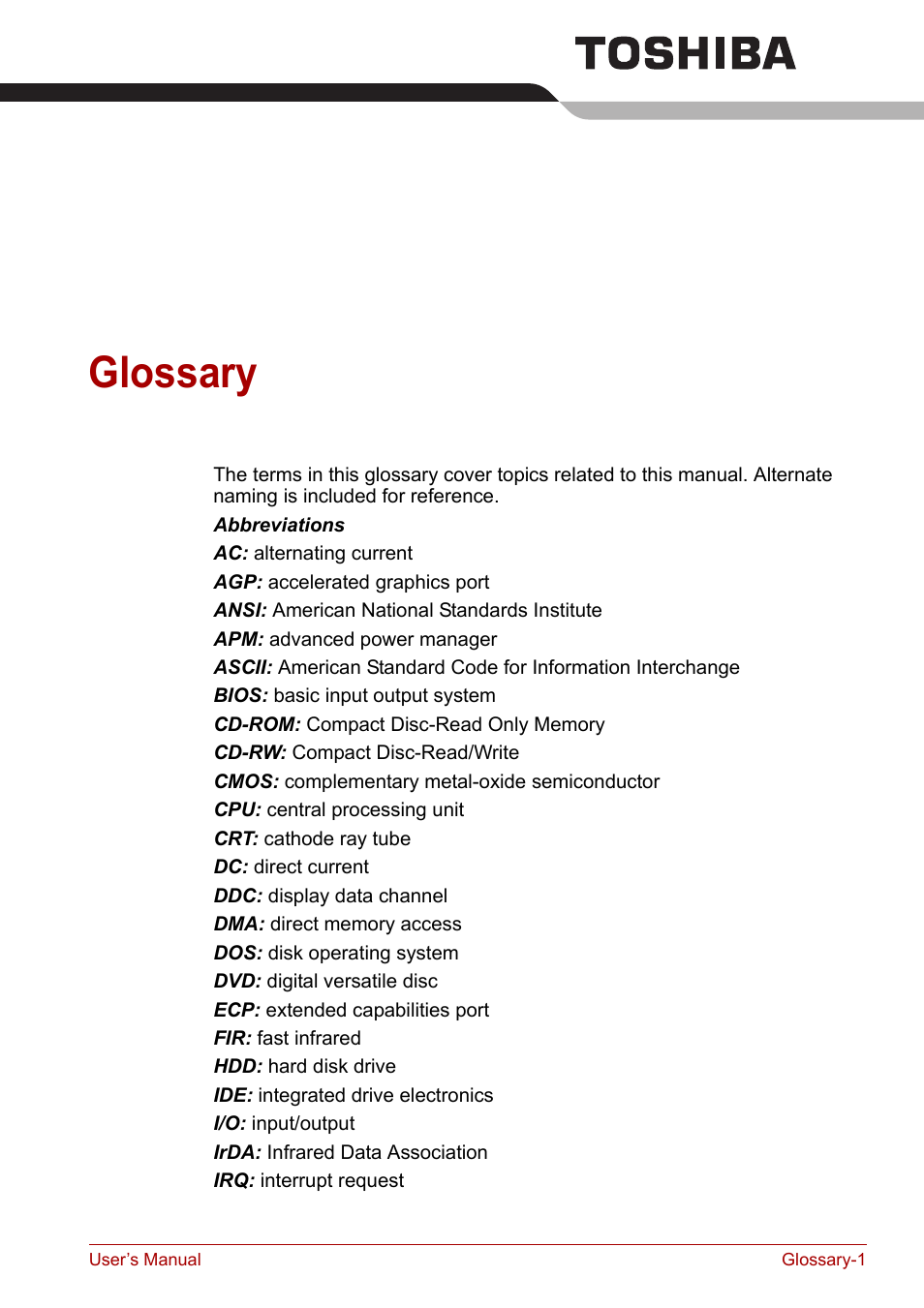 Glossary | Toshiba Satellite L30 (PSL33) User Manual | Page 148 / 162