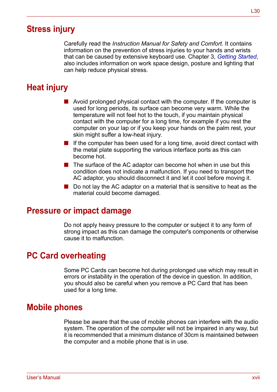 Stress injury, Heat injury, Pressure or impact damage | Pc card overheating, Mobile phones | Toshiba Satellite L30 (PSL33) User Manual | Page 17 / 162