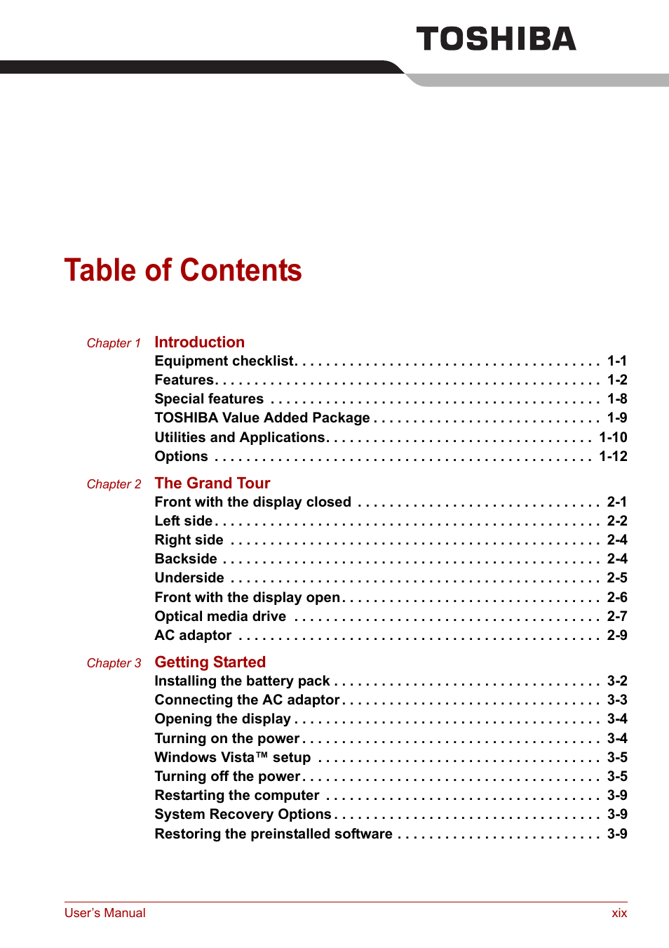 Toshiba Satellite L30 (PSL33) User Manual | Page 19 / 162