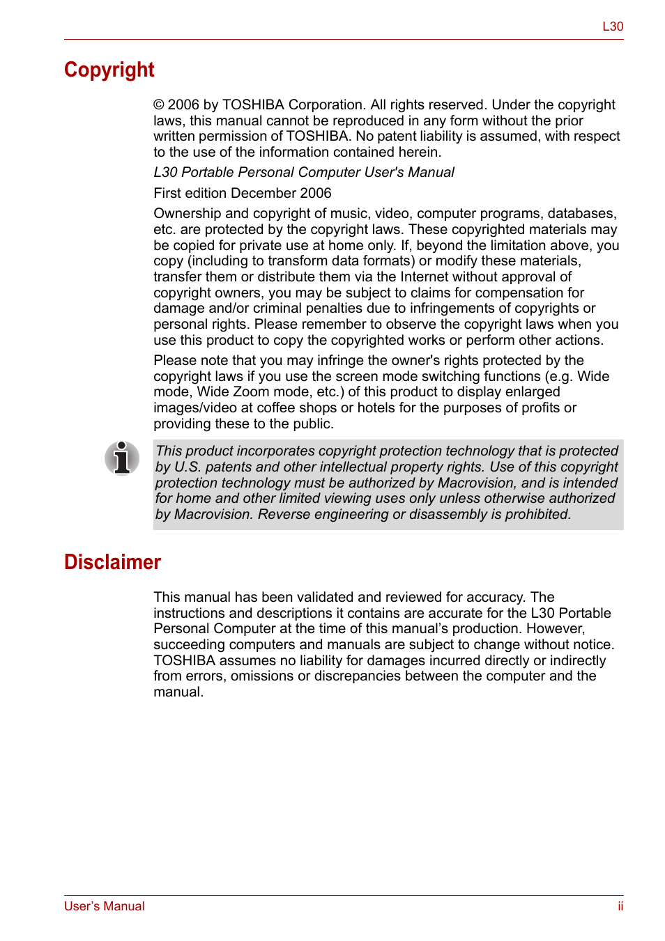 Copyright, Disclaimer | Toshiba Satellite L30 (PSL33) User Manual | Page 2 / 162