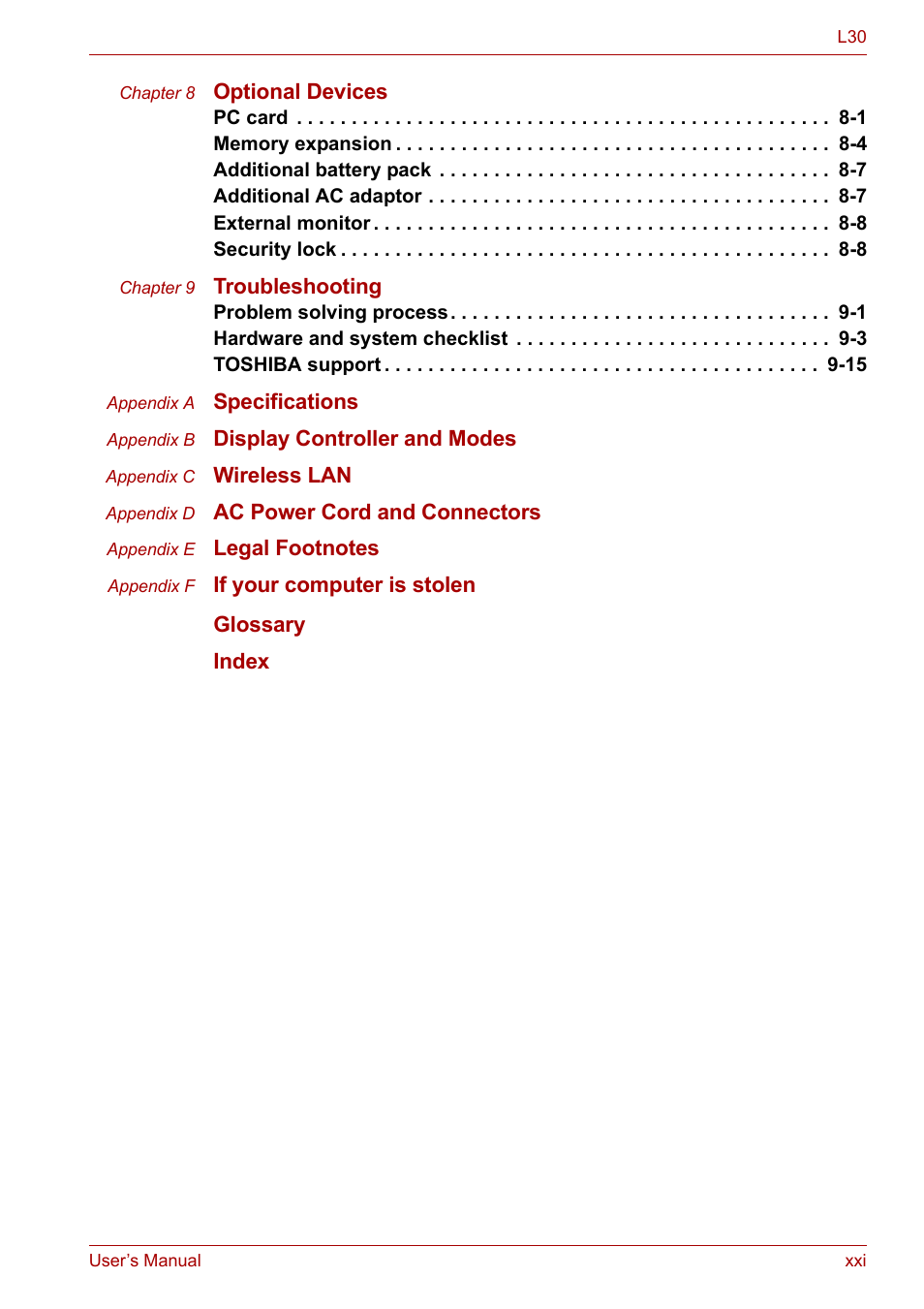 Toshiba Satellite L30 (PSL33) User Manual | Page 21 / 162