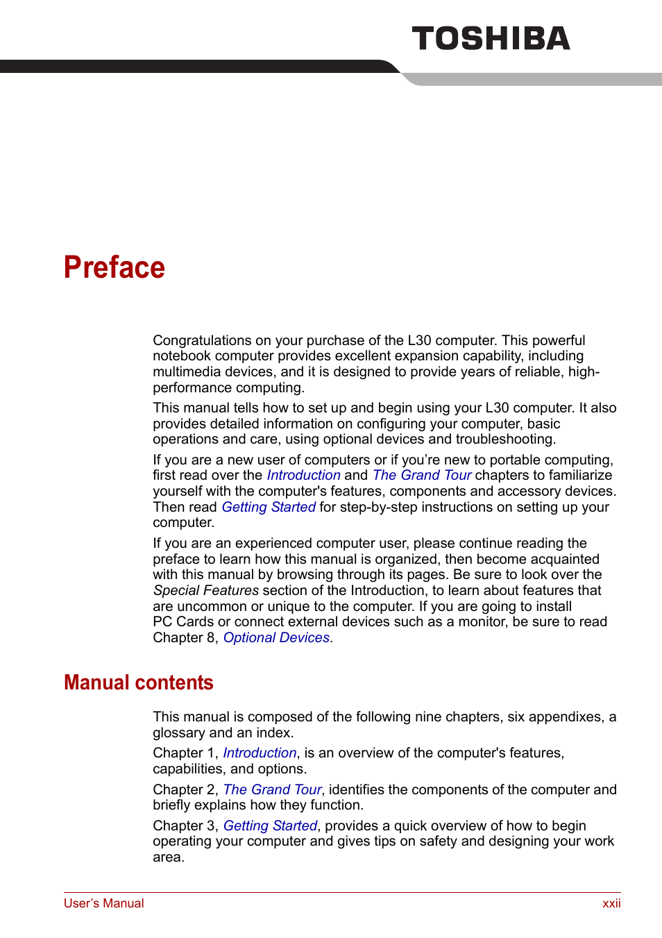 Preface, Manual contents | Toshiba Satellite L30 (PSL33) User Manual | Page 22 / 162