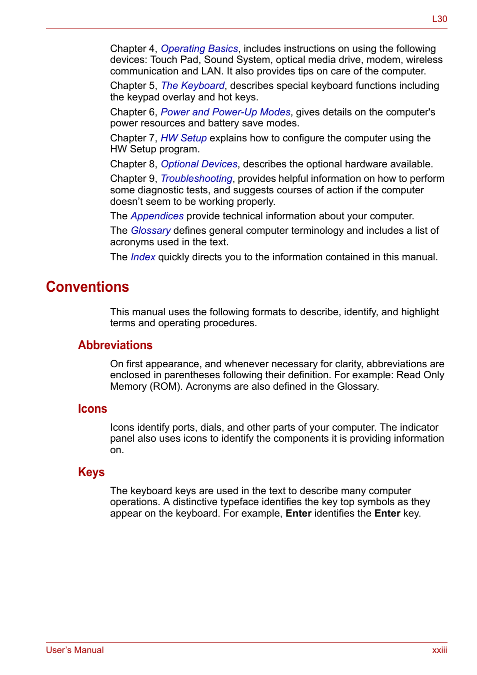 Conventions, Abbreviations, Icons | Keys | Toshiba Satellite L30 (PSL33) User Manual | Page 23 / 162