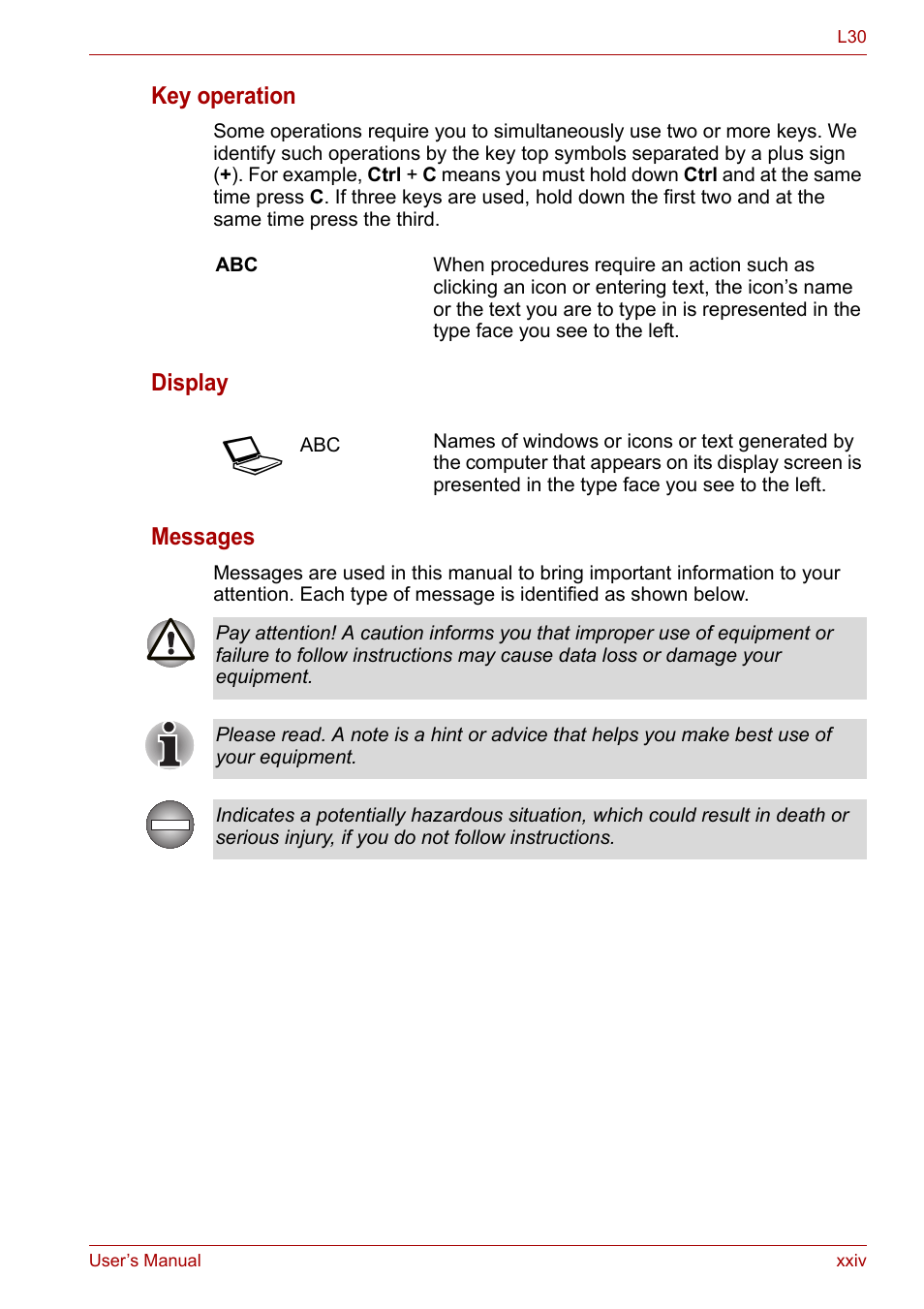 Key operation, Display messages | Toshiba Satellite L30 (PSL33) User Manual | Page 24 / 162