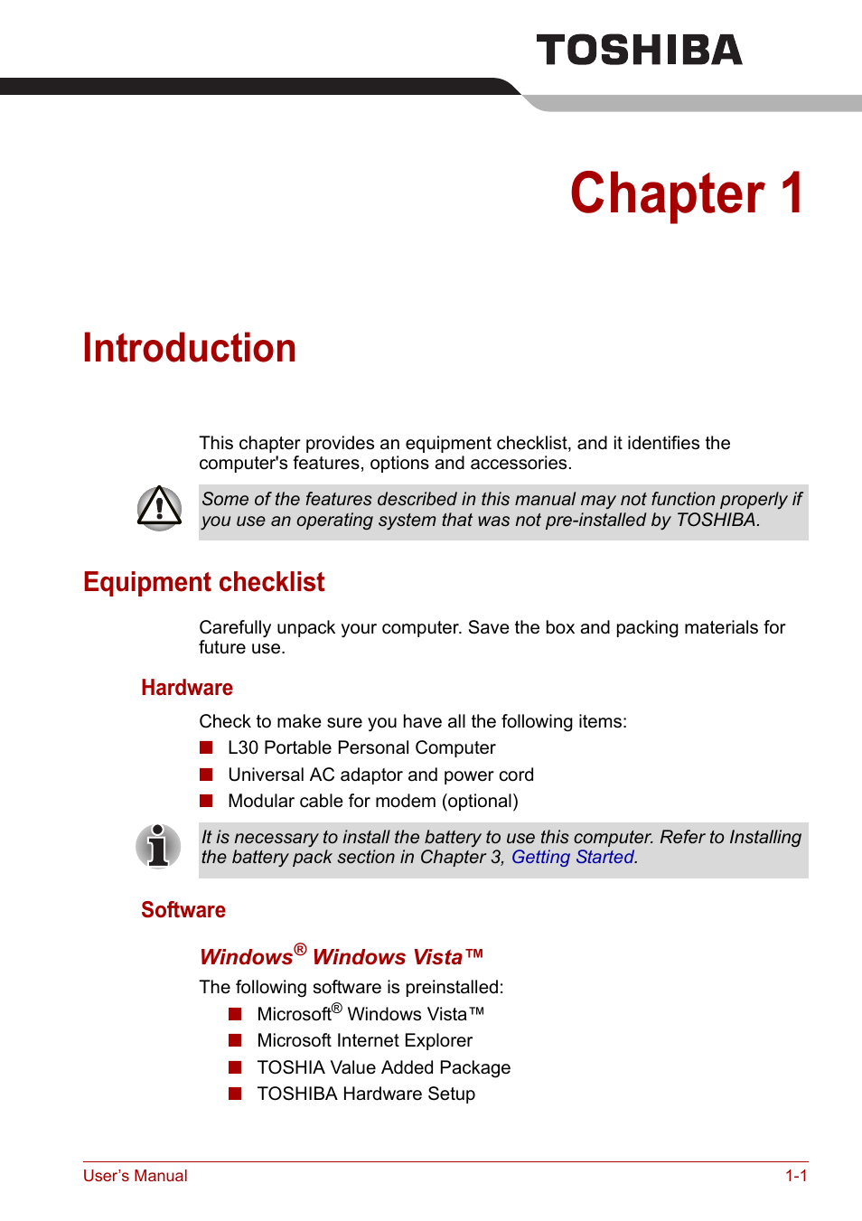 Chapter 1: introduction, Equipment checklist, Chapter 1 | Introduction, Equipment checklist -1 | Toshiba Satellite L30 (PSL33) User Manual | Page 25 / 162