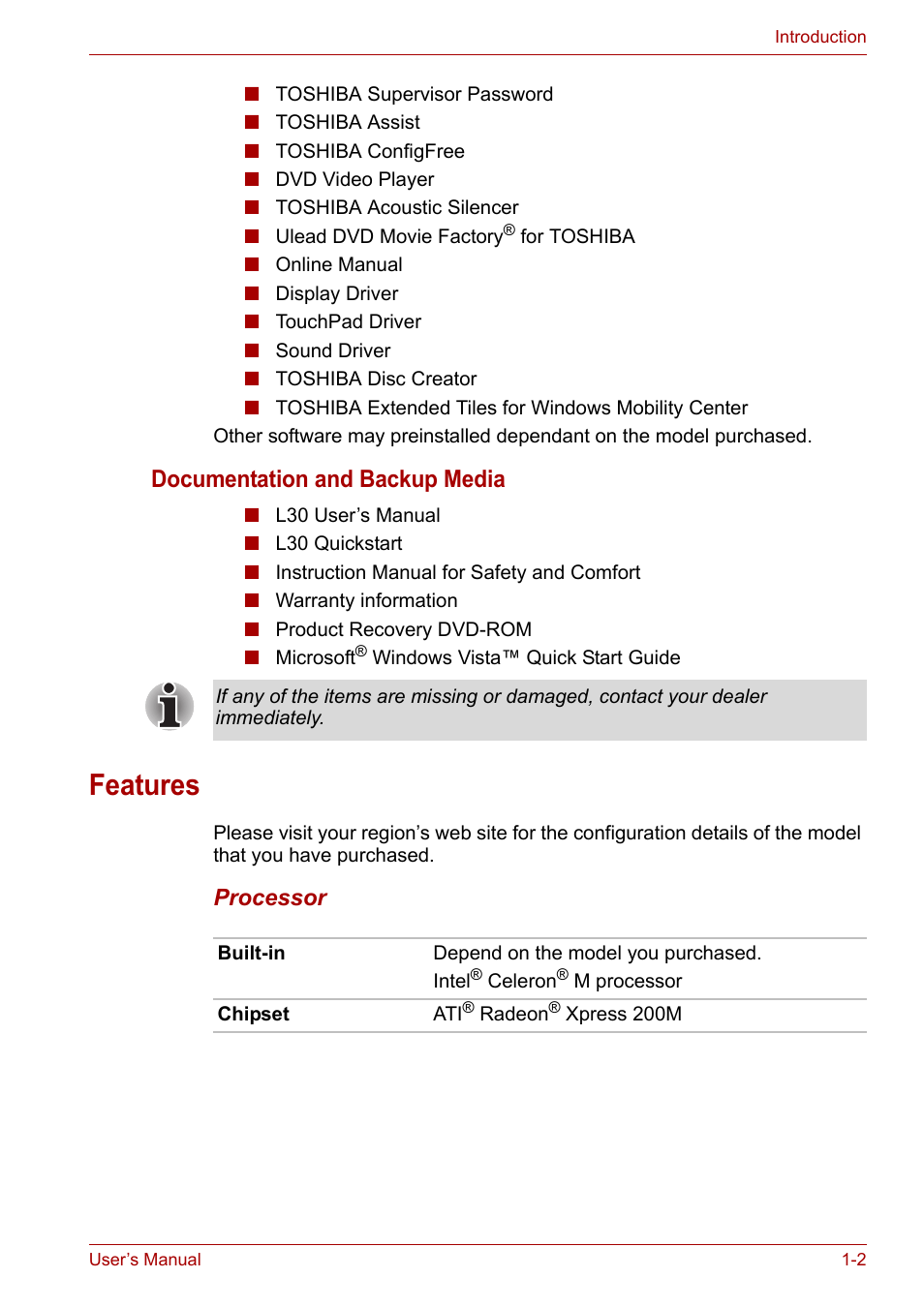 Features, Features -2, Documentation and backup media | Toshiba Satellite L30 (PSL33) User Manual | Page 26 / 162