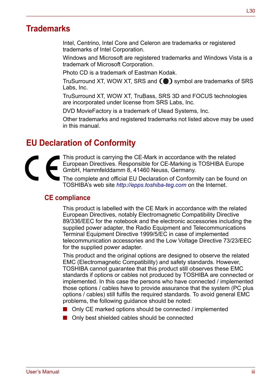 Trademarks, Eu declaration of conformity, Ce compliance | Toshiba Satellite L30 (PSL33) User Manual | Page 3 / 162