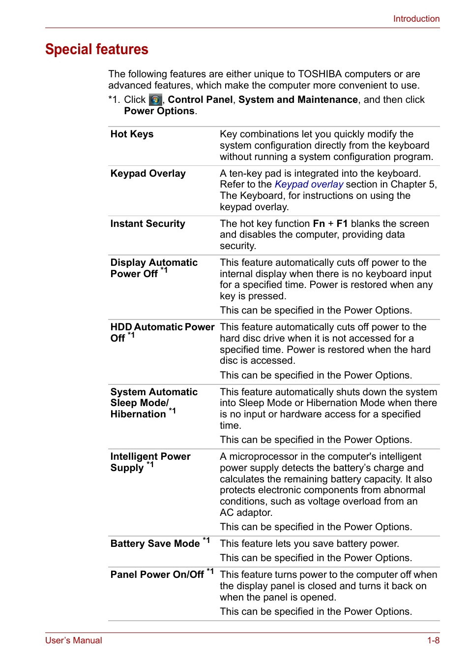 Special features, Special features -8 | Toshiba Satellite L30 (PSL33) User Manual | Page 32 / 162